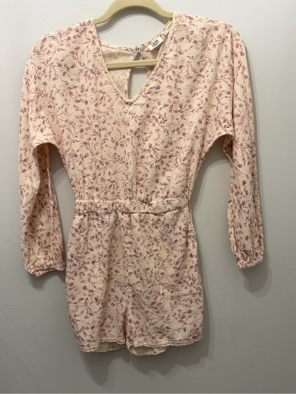 True Craft XS Floral Long Sleeve Romper Cream Pink Cottagecore Boho